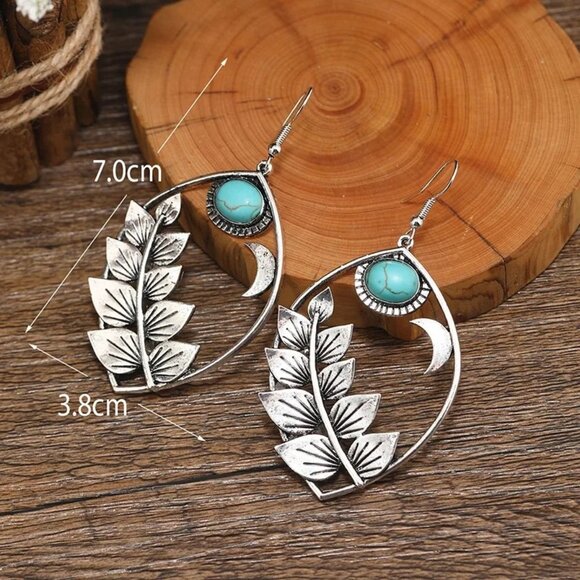 2/$24 Boho Vintage Silver Leaf & Moon Drop Earrings With Turquoise Stone Accents - Picture 3 of 9